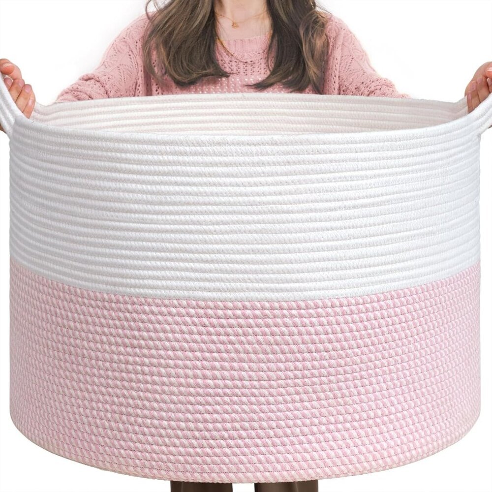 XXXLarge Storage Basket with Handle, Pink Laundry Basket for Nursery Stuffed Ani
